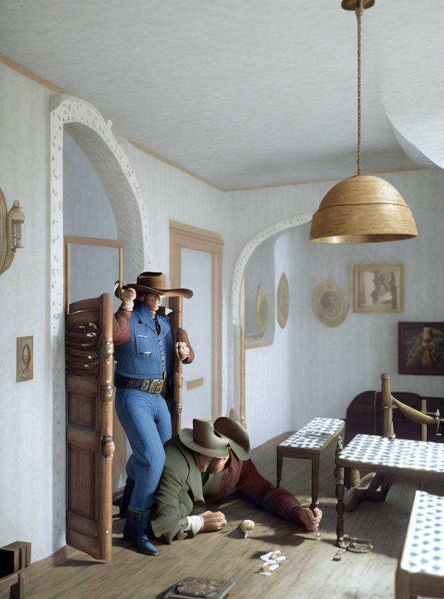 Tilted wooden room with cowboy and skewed furniture