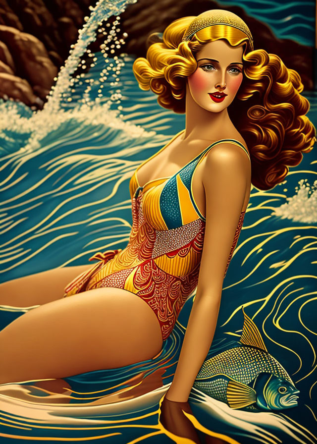 Illustration of woman with golden hair in retro swimsuit by water with fish