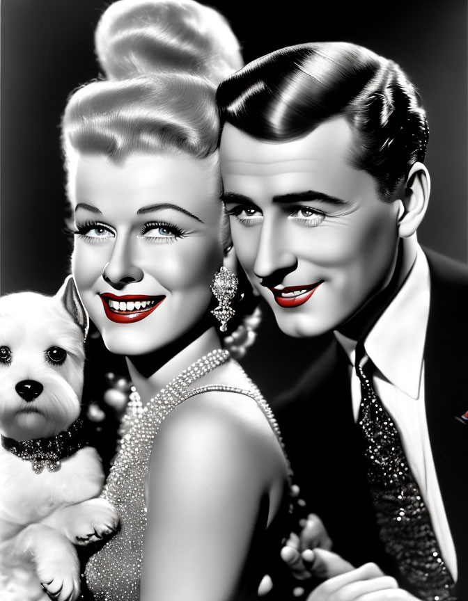 Vintage Black and White Photo: Smiling Man and Woman with Small White Dog