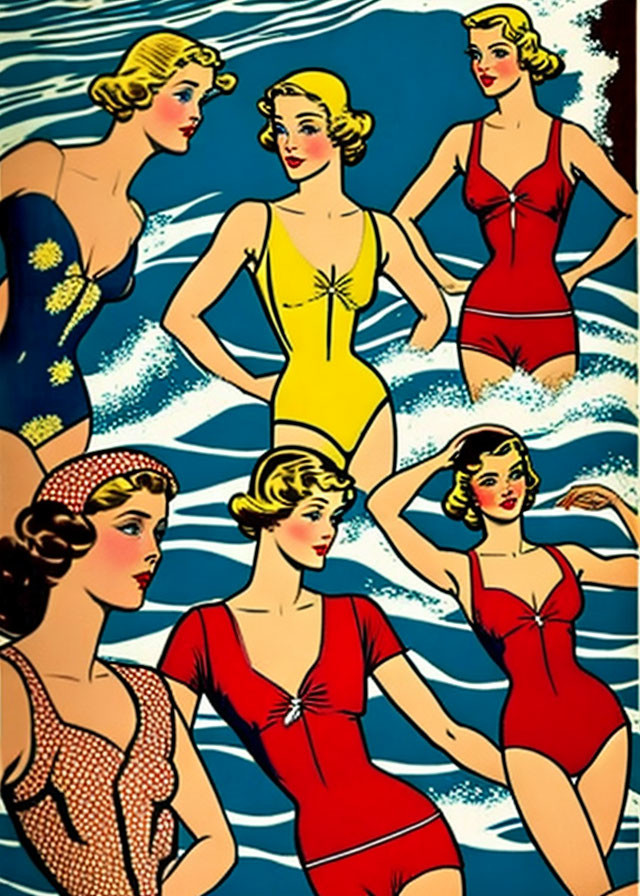 Six Women in Colorful One-Piece Swimsuits with Wavy Water Lines