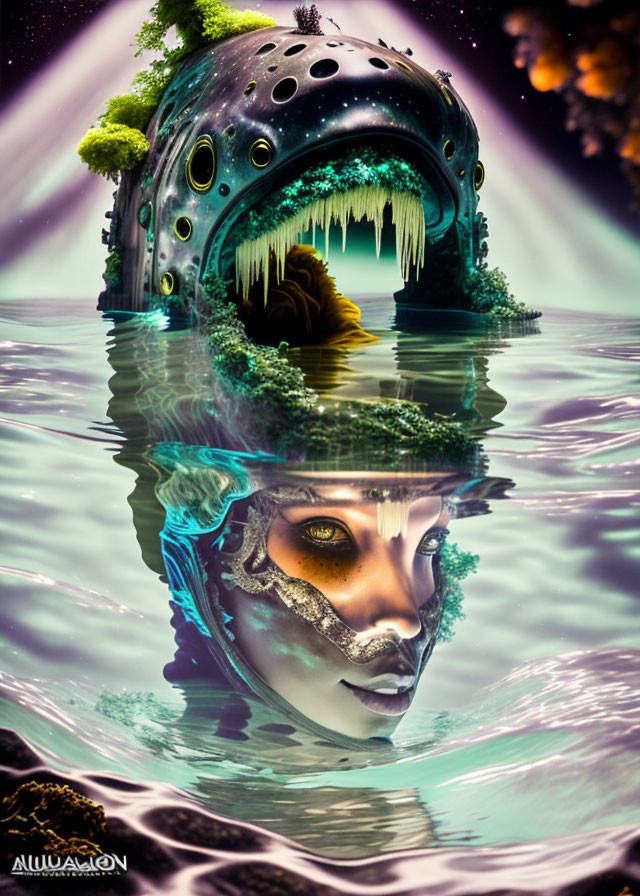 Submerged female face with glowing markings and helmet, surreal digital art