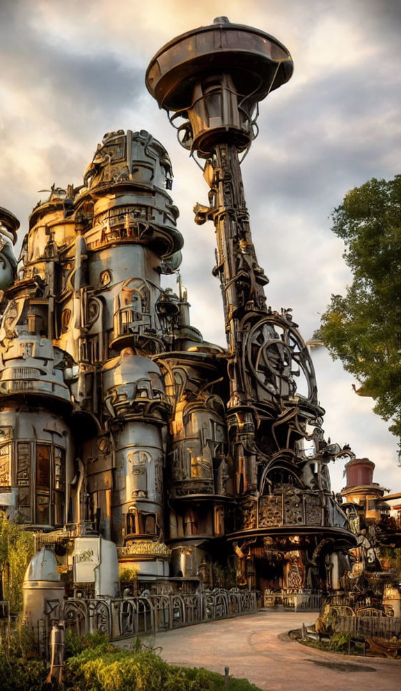 Intricate steampunk structure with metal pipes and gears