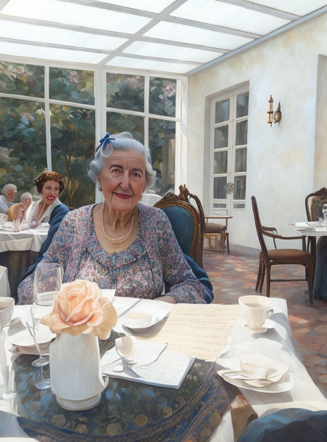 Elderly lady with blue hair accessory at table with letter, teacup, and rose centerpiece