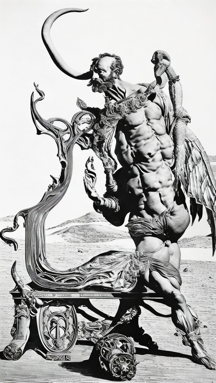 Surreal black and white photo: Classical statue merges with muscular man in barren landscape