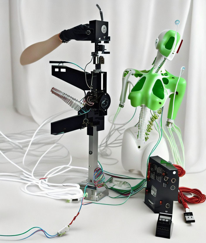 Robotic arm with black glove and humanoid robot with green skeletal structure and cables on white backdrop.