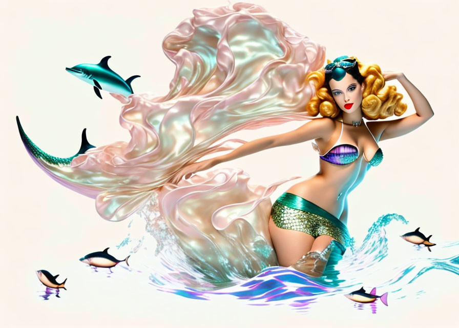 Mermaid with flowing hair and tail, dolphins, and splashing water