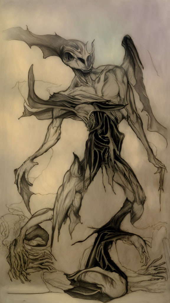 Elongated limbs and wings creature in dark fantasy setting