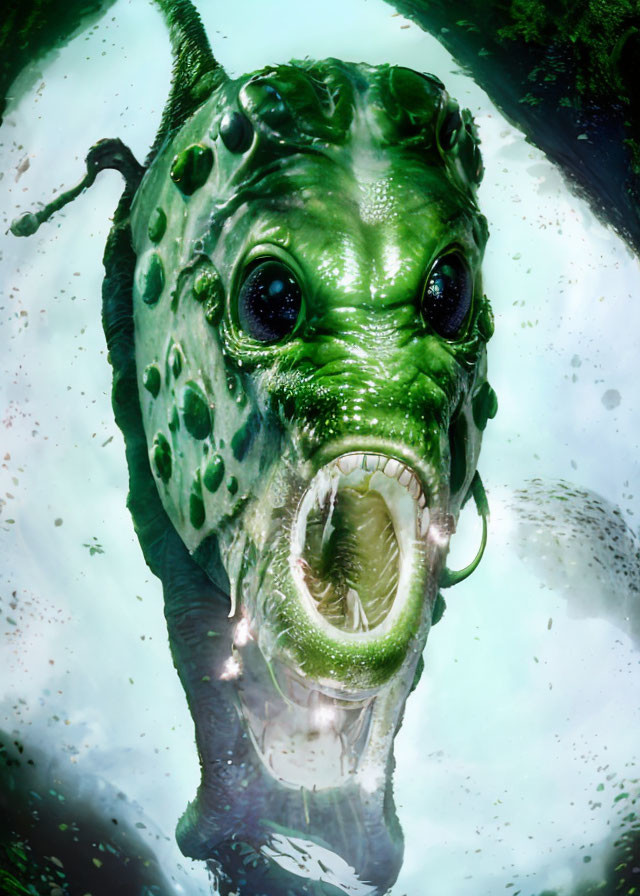 Monstrous green creature with large eyes in water with bubbles