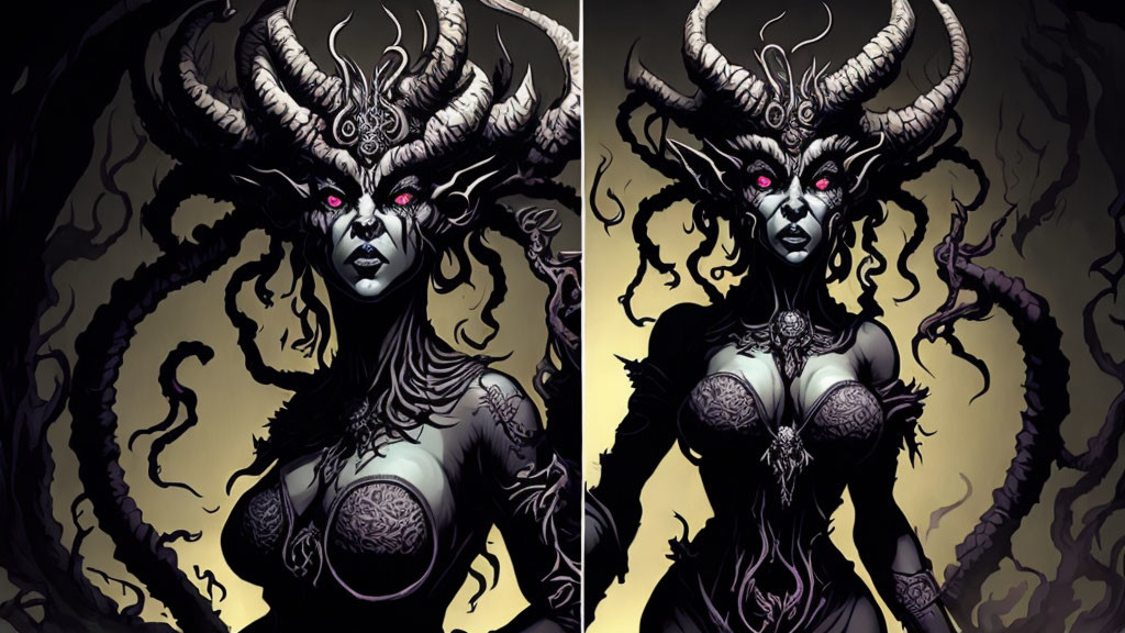 Fantasy female character with dark makeup and horns on golden backdrop