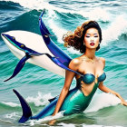 Mermaid and Marlin Artwork with Asian Features in Ocean Scene