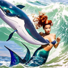 Blue-tailed mermaid with dolphins in ocean waves