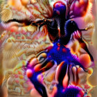 Colorful digital artwork: mechanical bee with iridescent wings on soft-focus backdrop