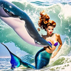 Red-haired mermaid and blue-tailed dolphin in turbulent sea.