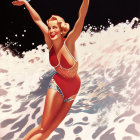 Smiling woman in colorful swimsuit with medals surfing wave