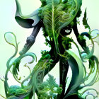 Green humanoid robot with plant-covered head in misty environment