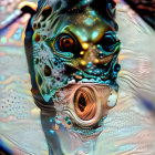 Submerged female face with glowing markings and helmet, surreal digital art