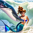 Colorful Mermaid and Dolphin Playfully Interact in Ocean Waves