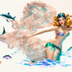 Mermaid with flowing hair and tail, dolphins, and splashing water