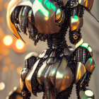 Futuristic female android in golden armor with insect antennae headdress and glowing blue eyes amid sparkling