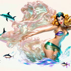 Mermaid with golden crown and vibrant tail in dynamic water scene