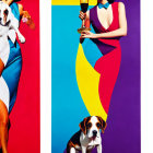 Women posing with dogs in blue and red outfits against colorful backgrounds