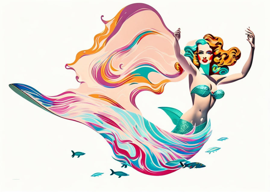 Vibrant Mermaid Illustration with Flowing Hair and Patterned Tail