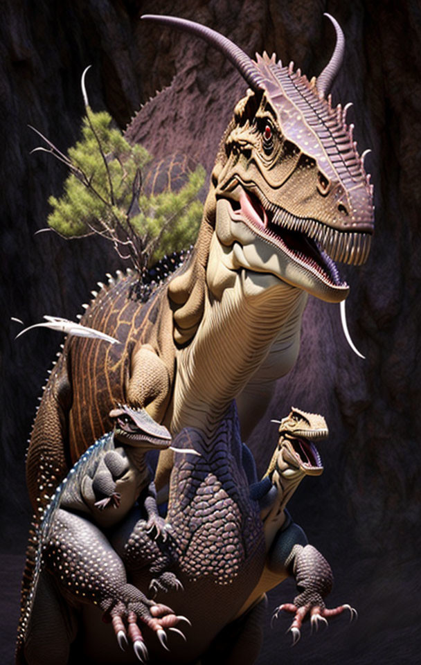 Detailed digital illustration of large horned dinosaur with smaller companions in rocky setting