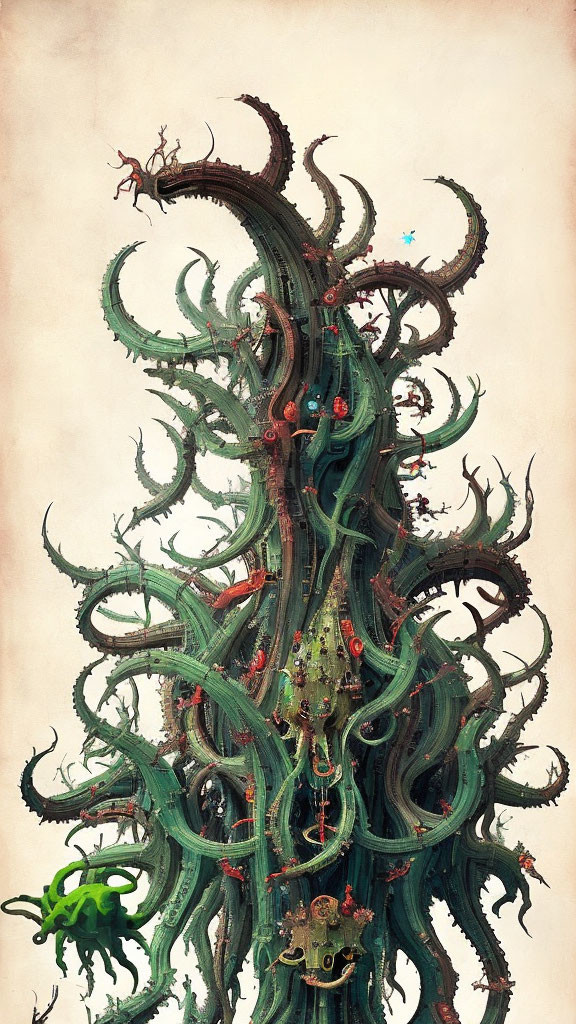 Fantastical tree illustration with vibrant creatures and ornate decorations