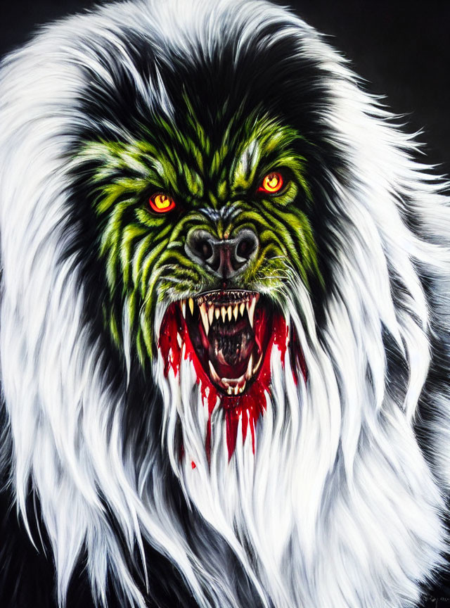 White-furred creature with green eyes and bloodstained teeth on black backdrop