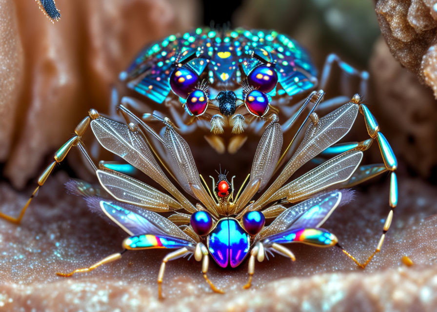 Vibrant macro image of iridescent peacock spider with bright patterns