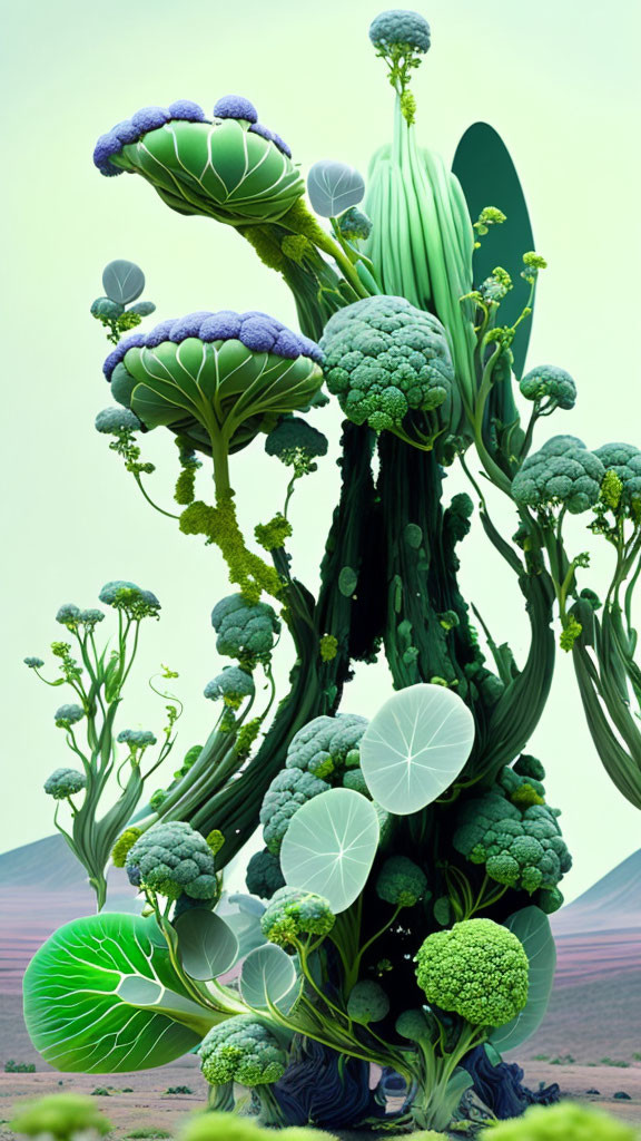 Verdant surreal landscape with vegetable tower on hills