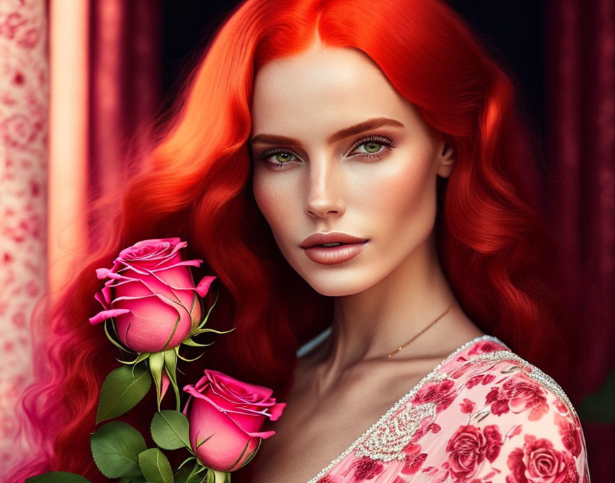 Woman with red hair and green eyes holding pink roses against red backdrop