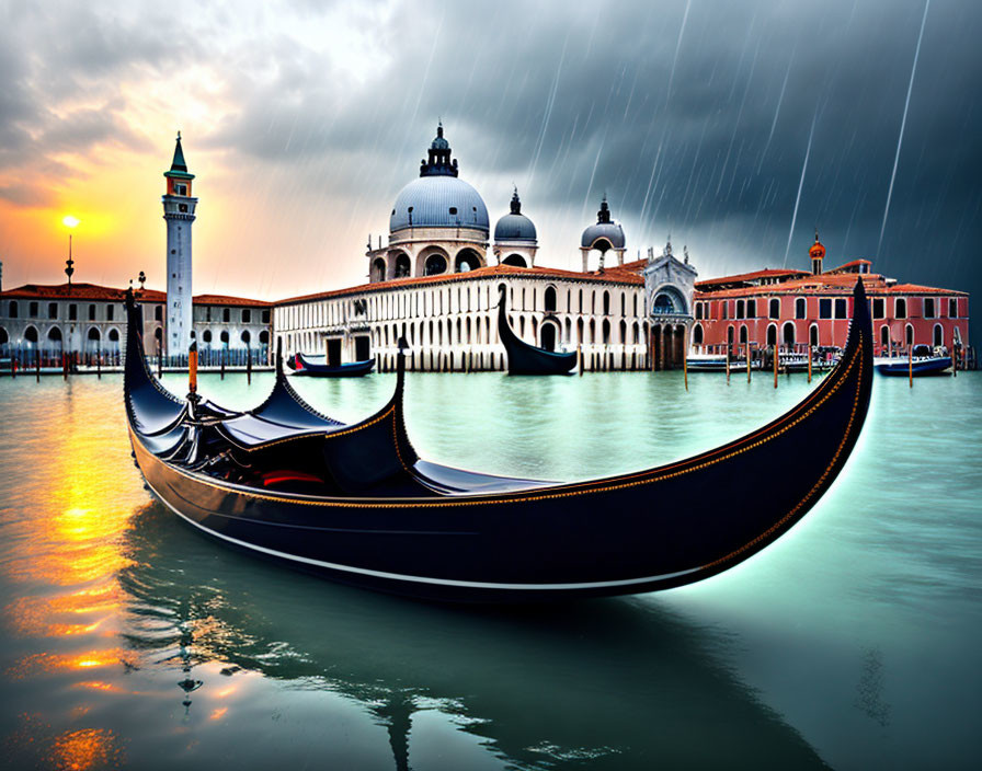 Gondola on Venice Water with Santa Maria della Salute Basilica in Dramatic Sky