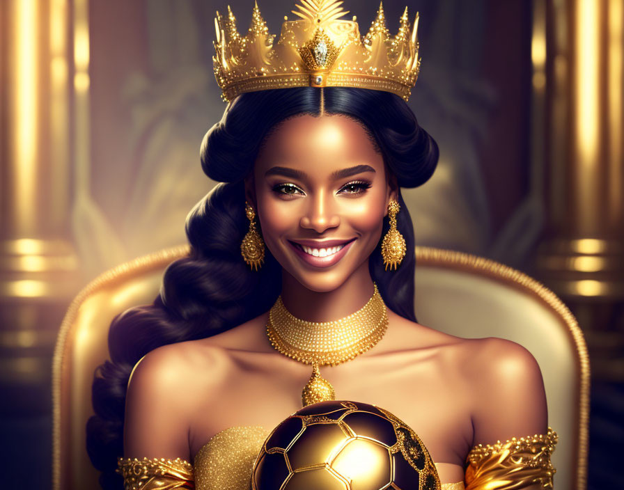 Smiling woman with golden crown and soccer ball in luxurious setting