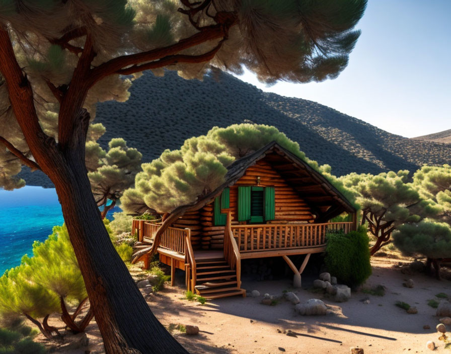 Rustic wooden cabin in pine forest by the sea