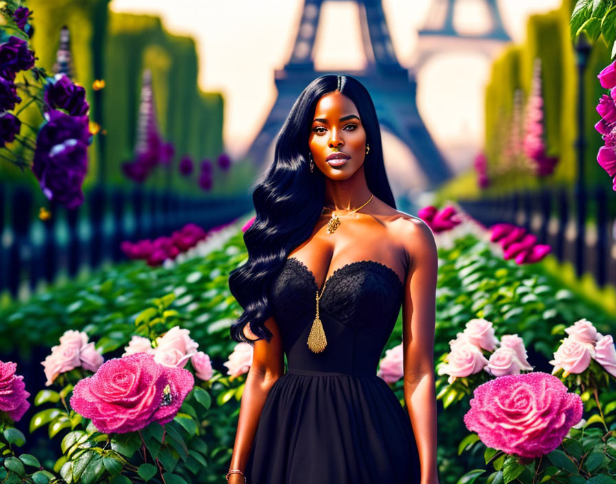 Woman in black dress with pink roses garden and Eiffel Tower.