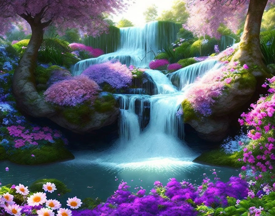 Tranquil waterfall with cherry blossoms in serene pond