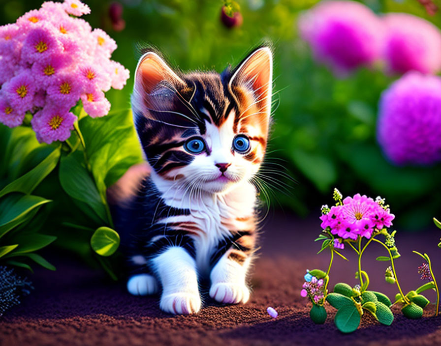 Striped kitten among pink flowers and green plants