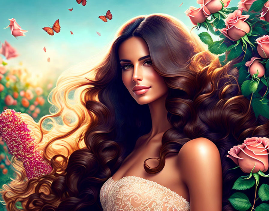 Fantasy-themed illustration of woman with flowing hair, roses, and butterflies