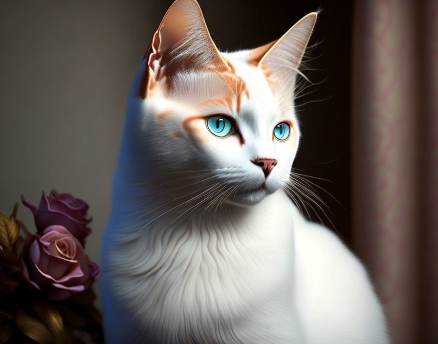 White Cat with Orange Markings and Blue Eyes Next to Pink Rose