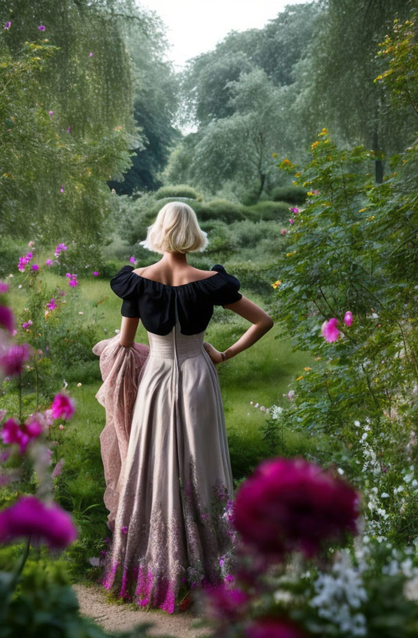 Woman in Vintage Dress Strolling in Flower-Filled Garden