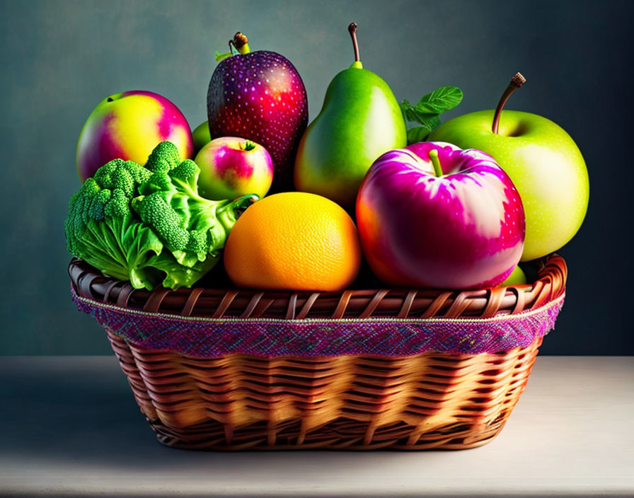 Fresh Fruits and Broccoli in Woven Basket on Dark Background