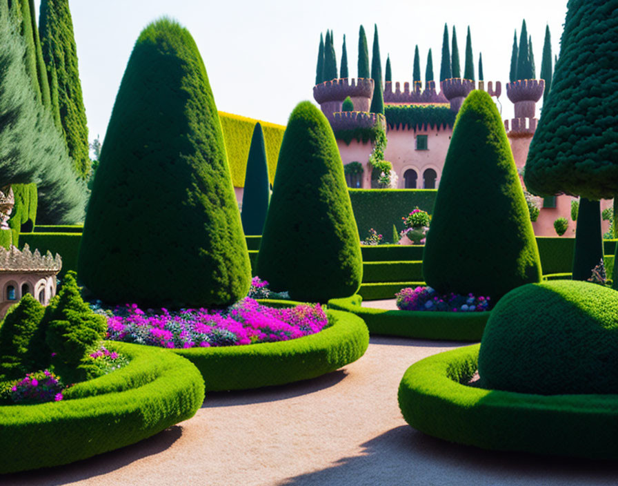 Manicured garden with sculpted hedges and purple flowers by pink castle and blue sky