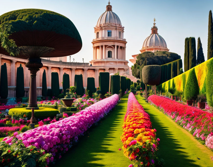 Colorful flower beds and domed buildings in a garden with manicured hedges and topiaries