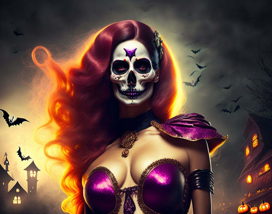 Colorful woman with skull makeup surrounded by Halloween elements in spooky setting