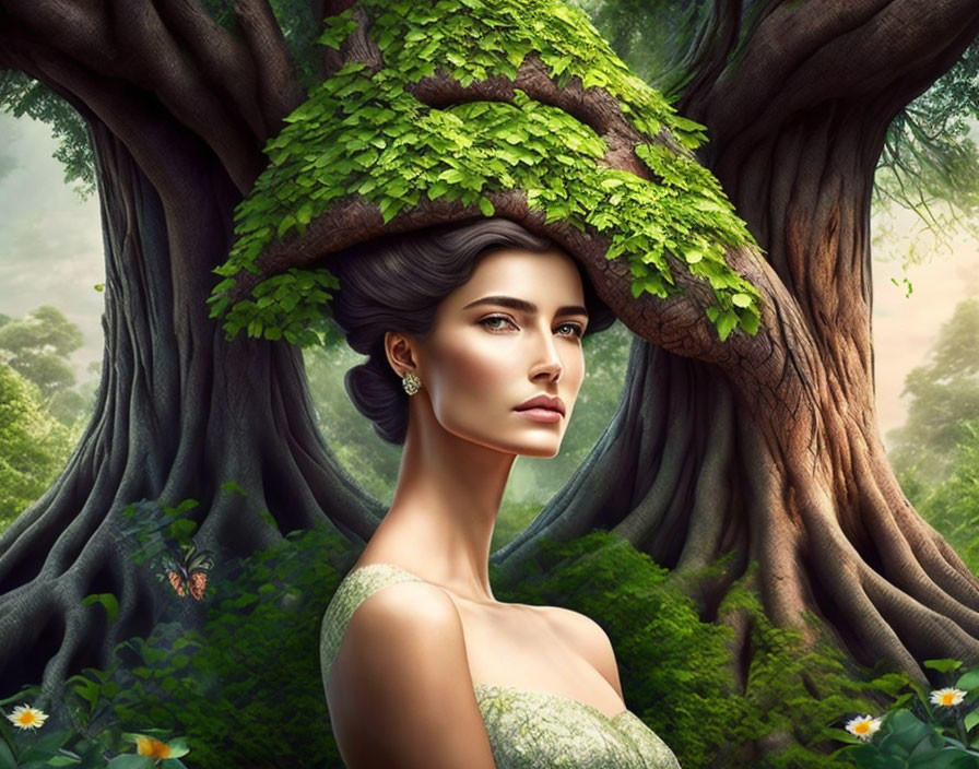 Woman with Tree-Shaped Hairstyle in Mystical Forest