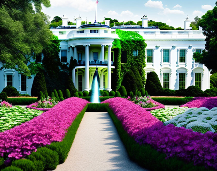 White House with vibrant flower beds and trimmed hedges on stone pathway