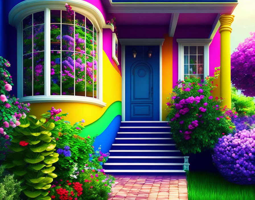 Colorful House with Blue Door & Floral Surroundings