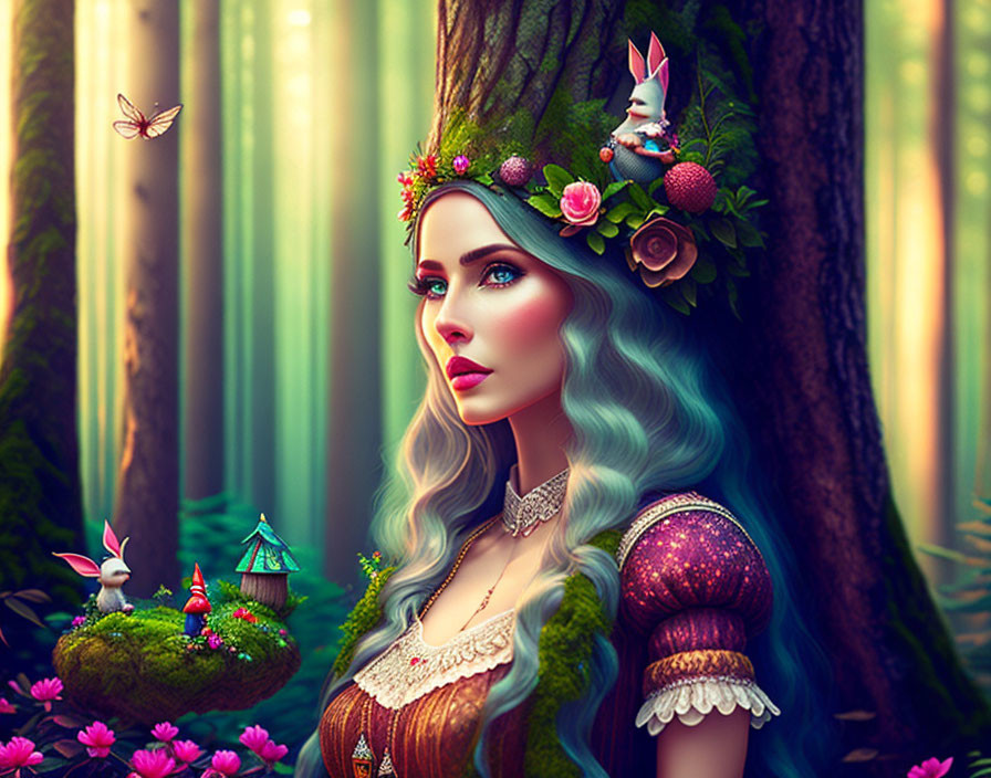 Illustration of woman with blue hair in magical forest with rabbit creatures