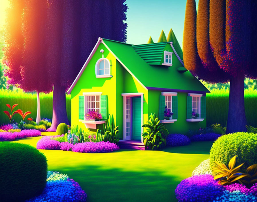 Colorful fantasy-style cottage with manicured topiary and flowers under soft sky